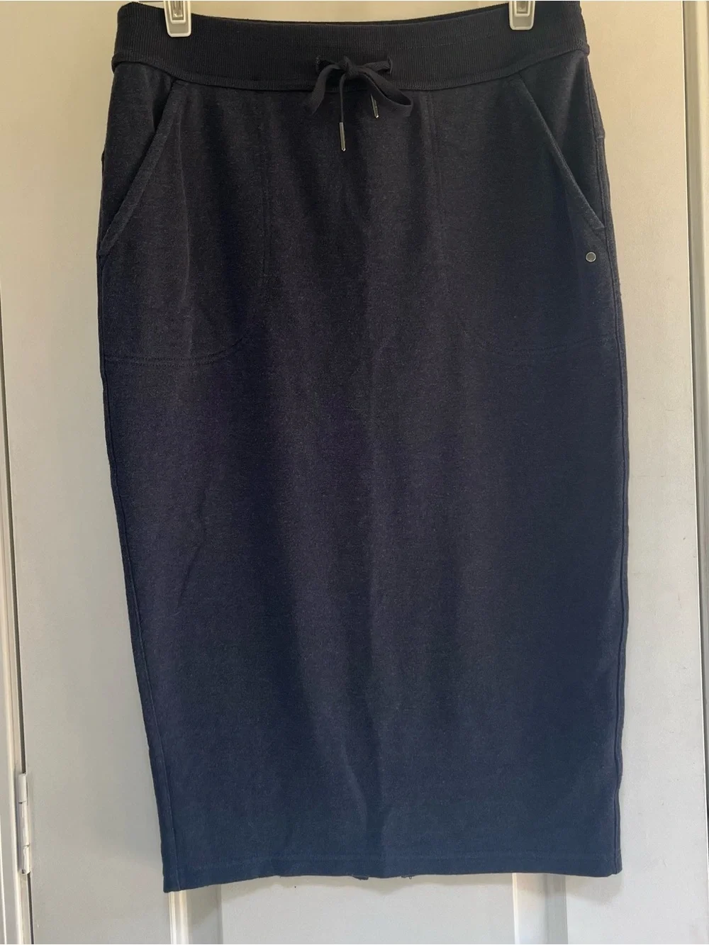 ✨prAna Cozy Up Navy Midi Drawstring Everyday Pencil Skirt  Back Slit SZ L✨
